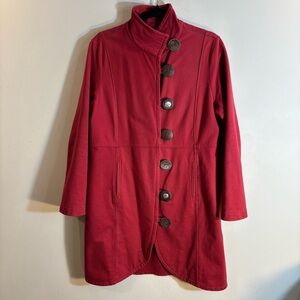 NEON BUDDHA Sz L Jacket Red Button-Up Funnel Neck Pockets Long Sleeve Lagenlook